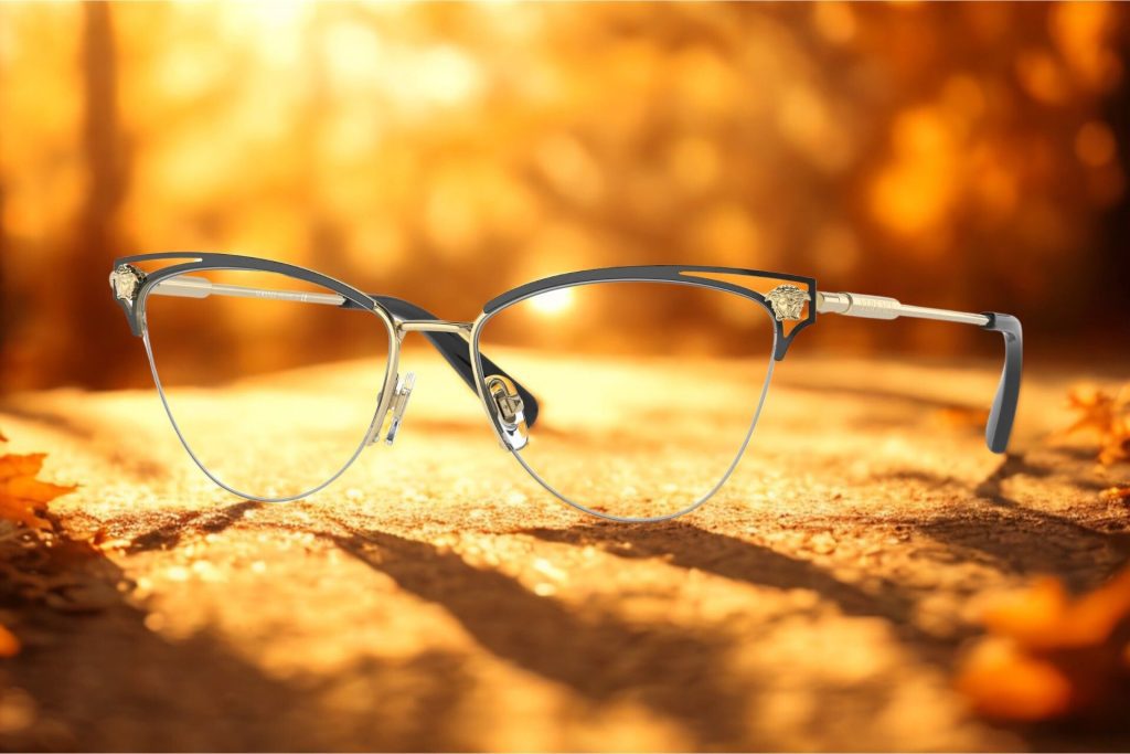 Versace VE1280 cat-eye glasses featuring a gold and black frame