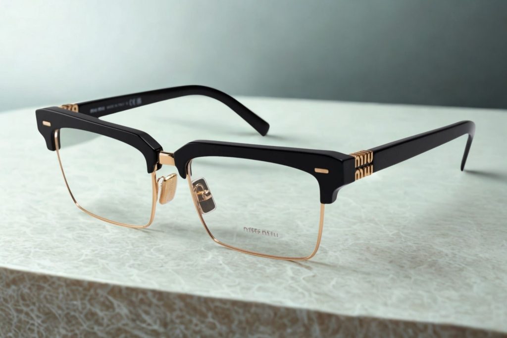 Miu Miu MU 11XV rectangular glasses featuring black and gold frames