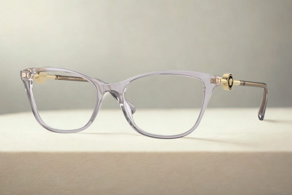 Versace VE3293 cat-eye glasses featuring gray and gold frames