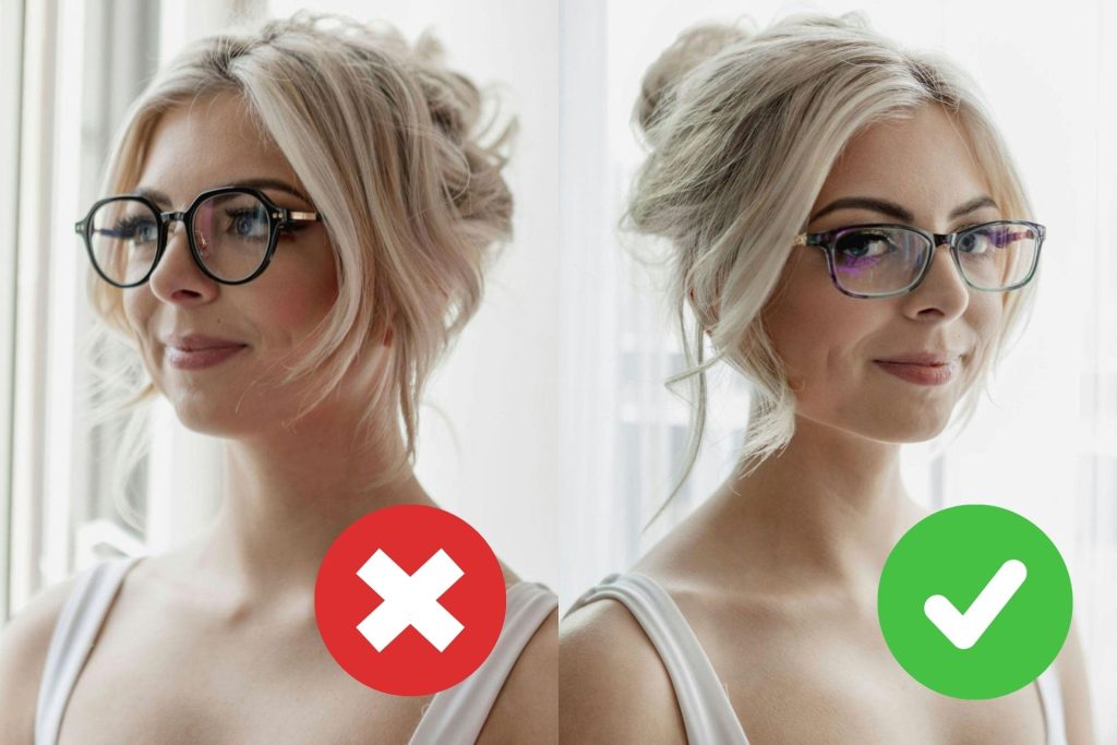 (Left) Woman wearing oversized round glasses (Right) Woman wearing rectangular glasses and a white tank top