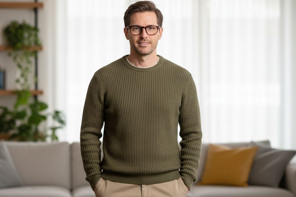 A man wearing a crewneck sweater and a pair of chinos, and glasses
