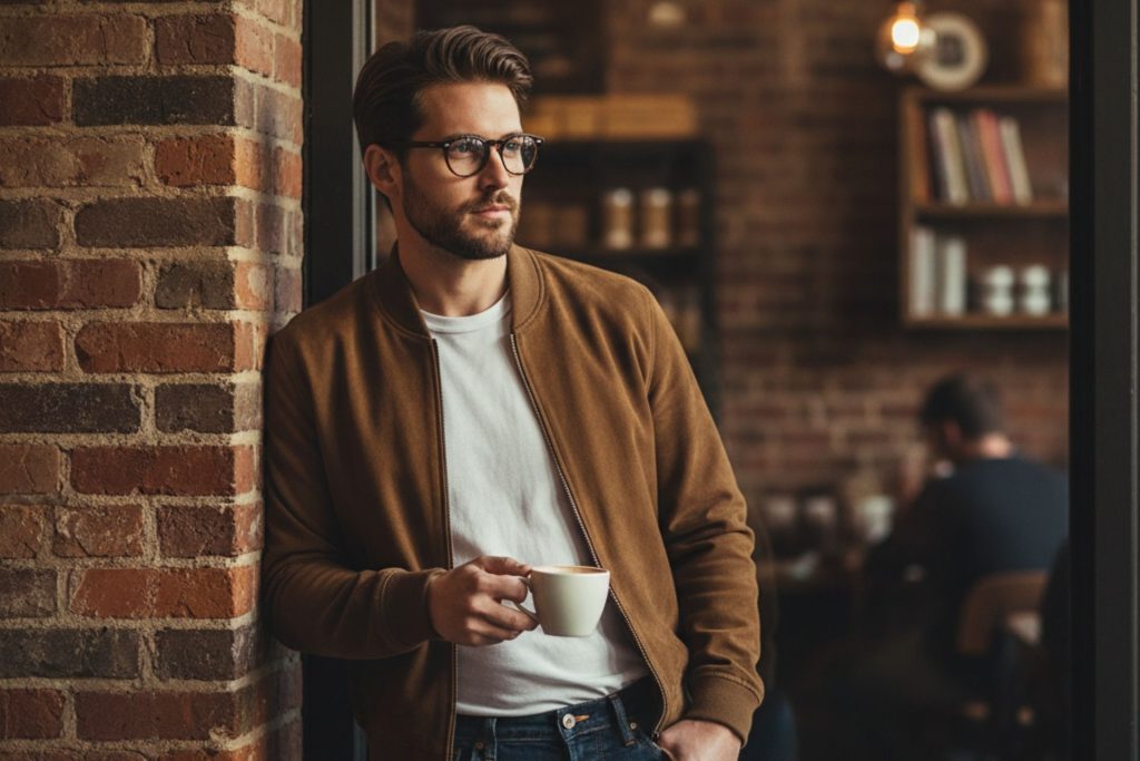 A man wearing dark jeans, white tee, a suede bomber, and glasses