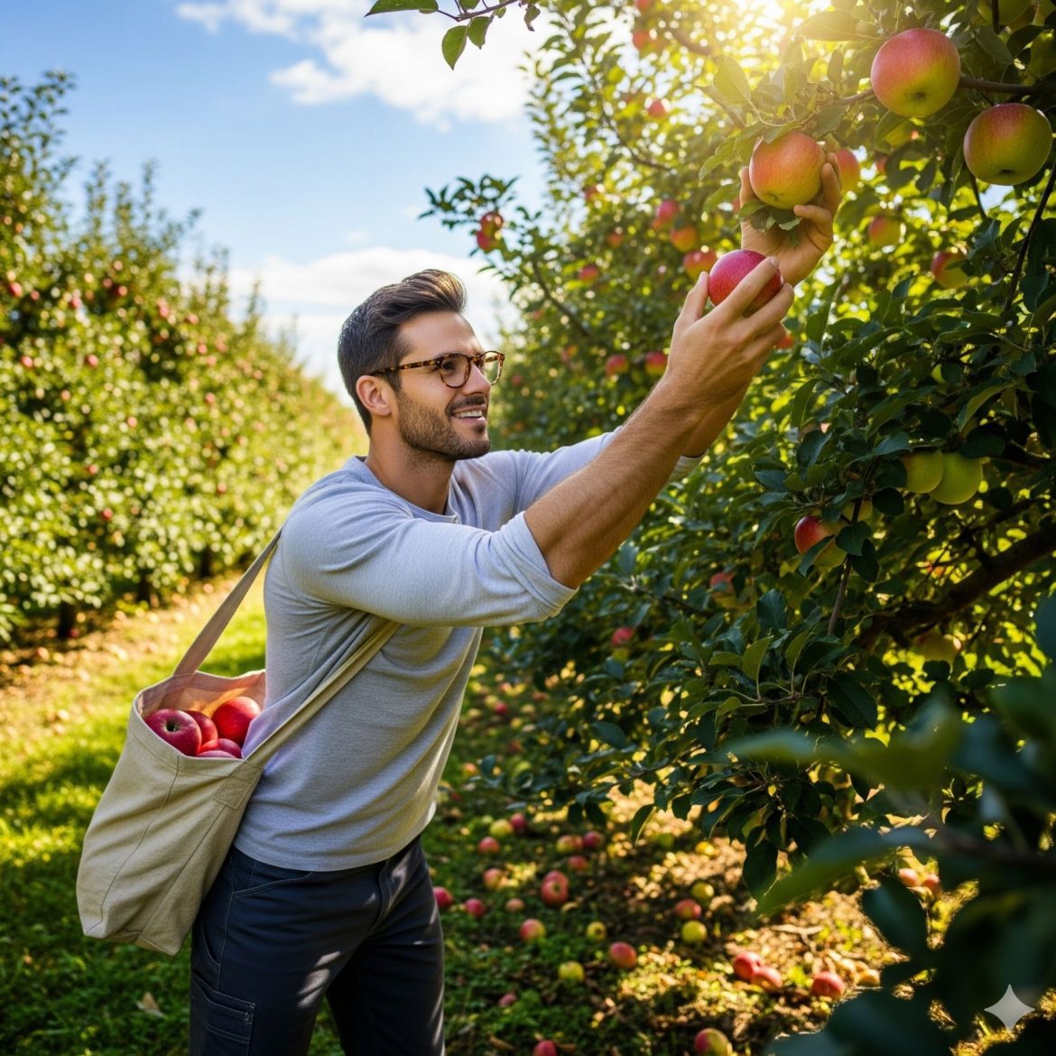 A man wearing tortoiseshell glasses, apple picking