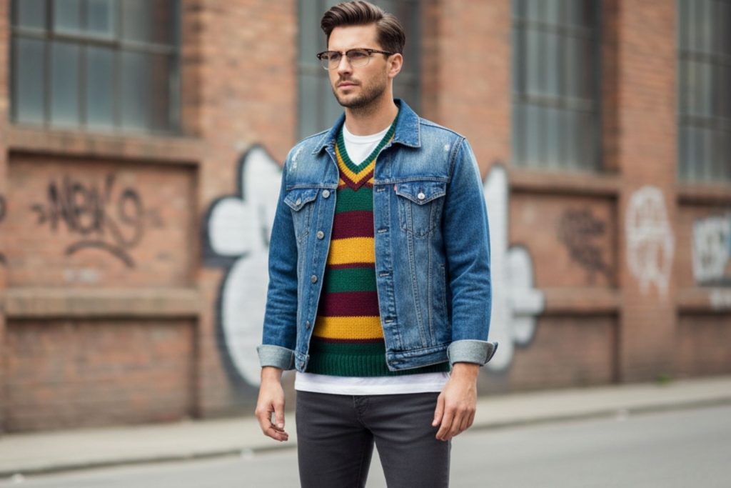 A man wearing slim-fit trousers, denim jacket with a basic tee and bold knit vest underneath, and glasses
