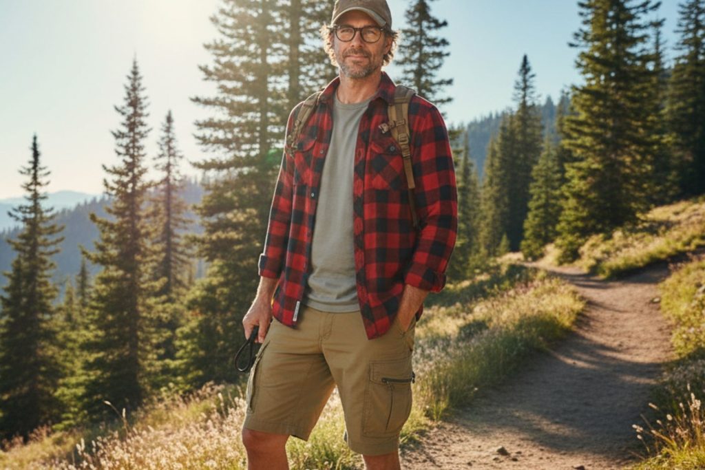 A man wearing hiking shorts with lots of pockets, hiking boots, an unbuttoned flannel shirt over a plain tee, and glasses