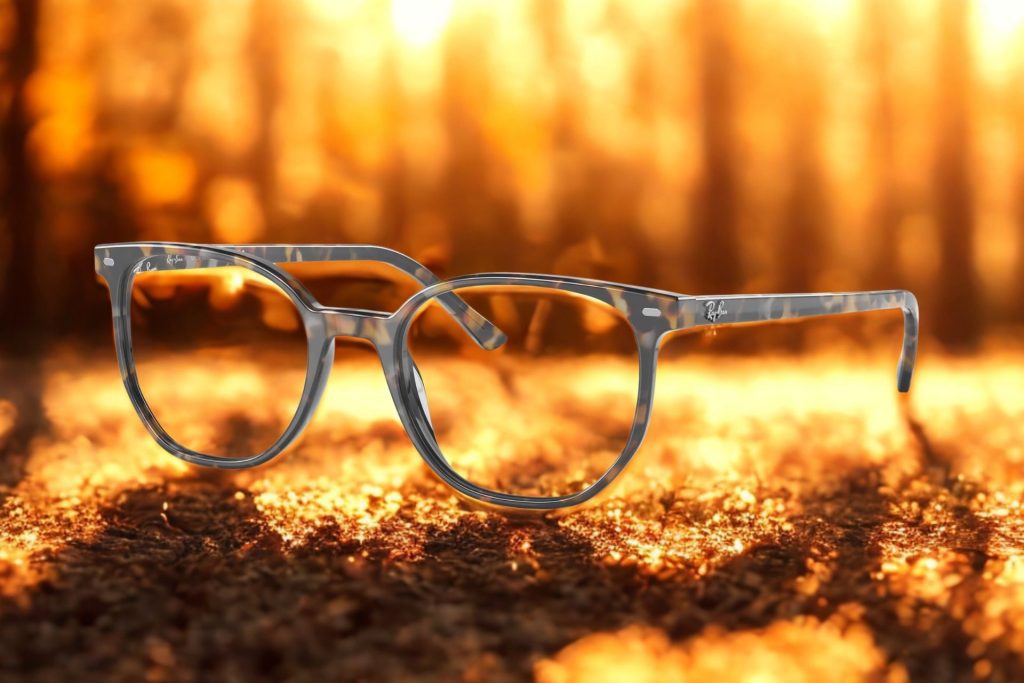 Brown and gray tortoiseshell frames with the Ray-Ban logo along the hinges