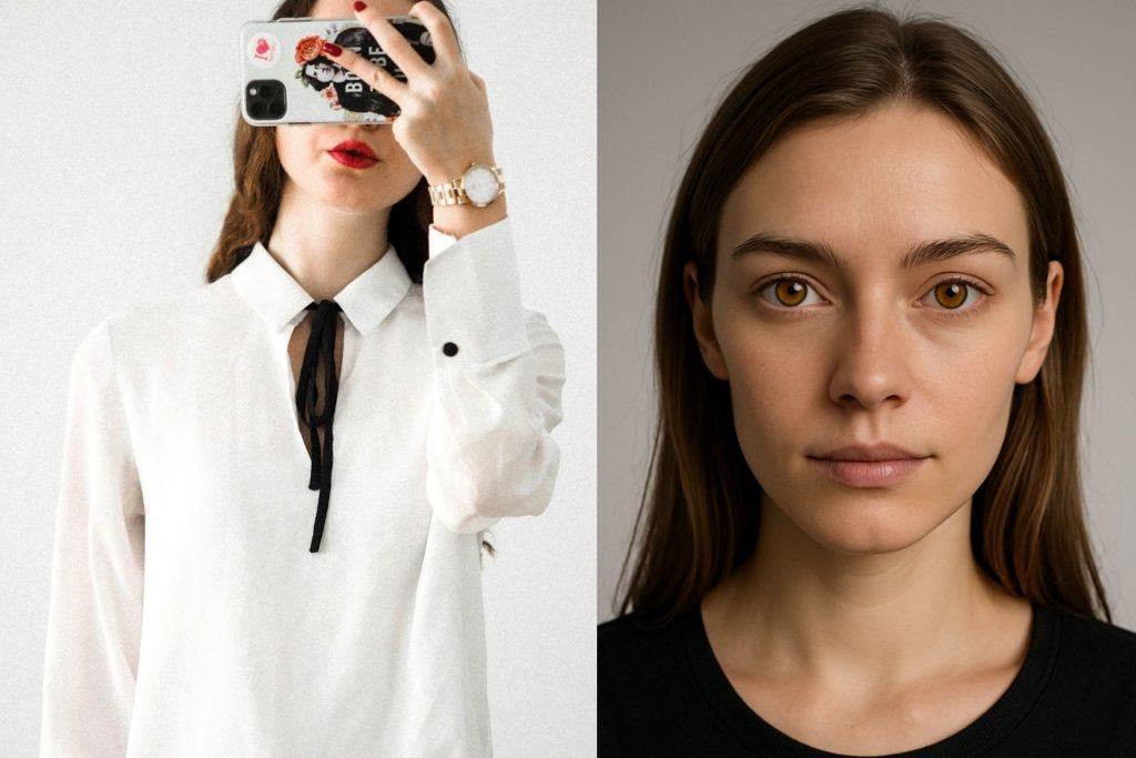 (Left) Woman wearing white shirt (Right) Amber contact lenses