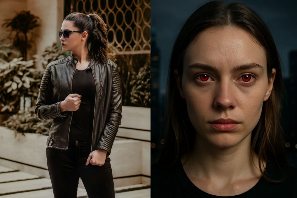 (Left) Woman wearing leather jacket (Right) Woman wearing red contact lenses