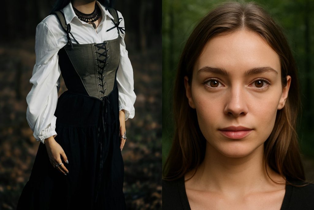 (Left) Woman wearing black corset dress (Right) Brown contact lenses