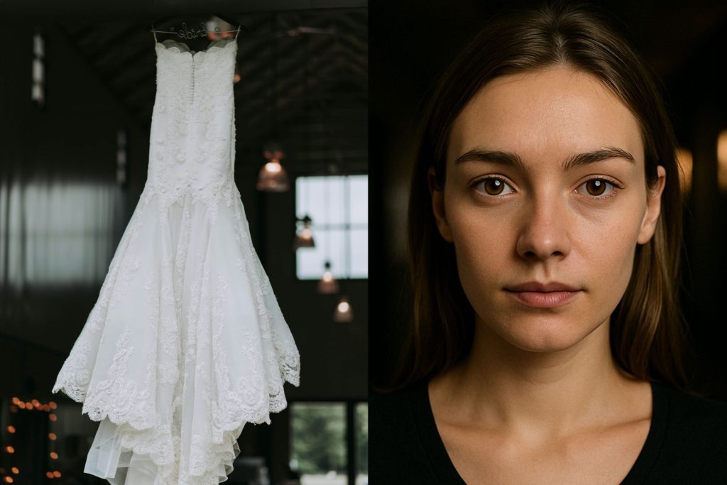 (Left) White lace gown (Right) Brown contact lenses