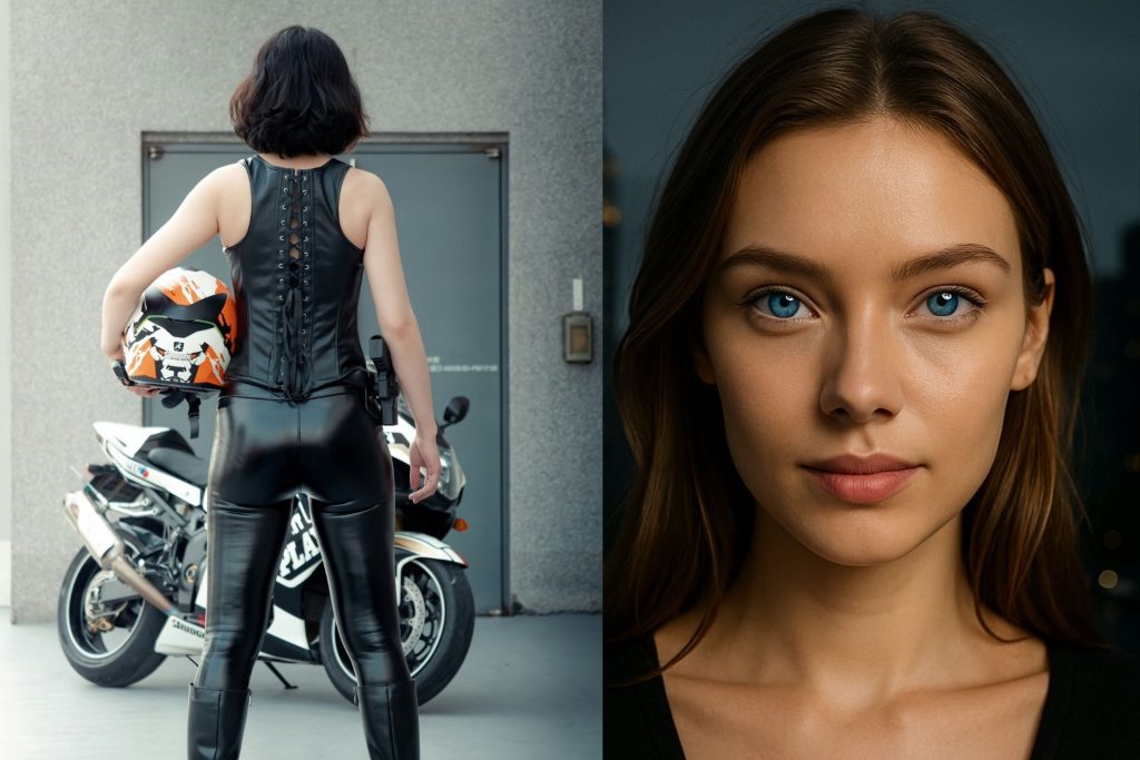 (Left) Woman wearing leather outfit (Right) Woman wearing bright blue contact lenses