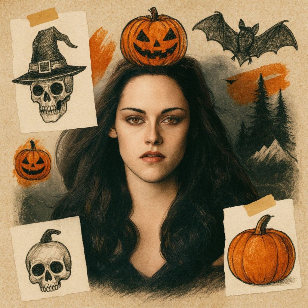 Collage featuring Bella Swan, pumpkins, bats, skulls, and colored contact lenses