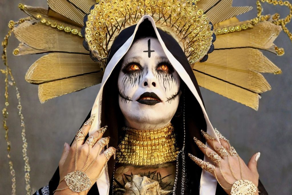 Possessed nun with white face and white eyes