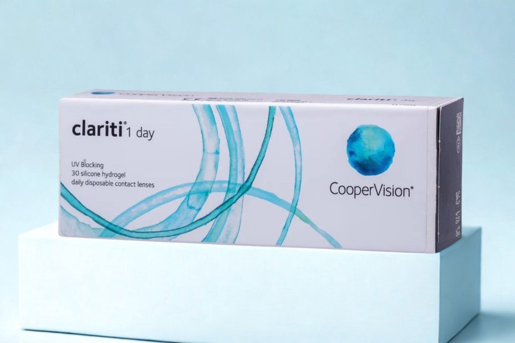 A box of Clariti 1 Day contact lenses