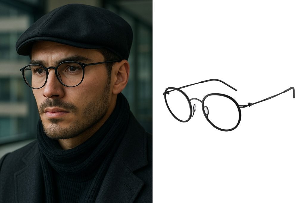 Black round metallic glasses with the Giorgio Armani logo along the temple arms