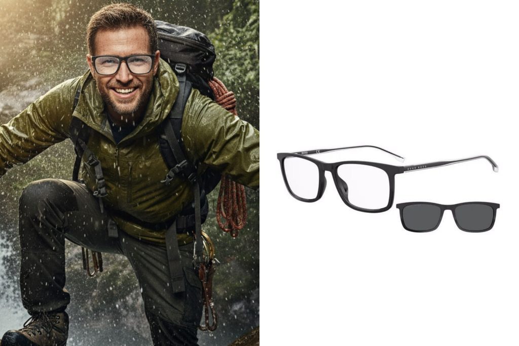 Matte black rectangular frames with the Hugo Boss logo along the temple arms; inset: clip-on frames