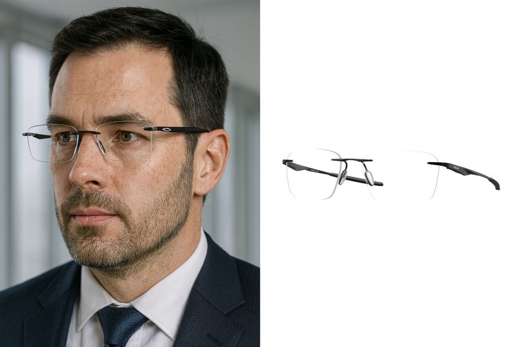 Rimless glasses with black metallic bridge and temple arms with the Oakley logo