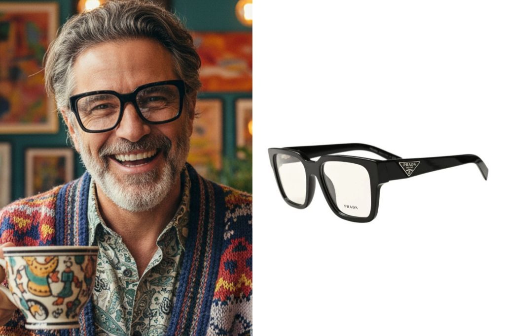 Black thick square frames with the Prada logo along the temple arms