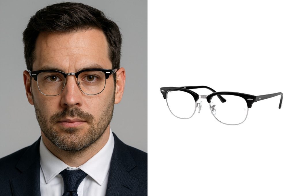 Square glasses with a solid black plastic upper rim and a metallic bottom rim