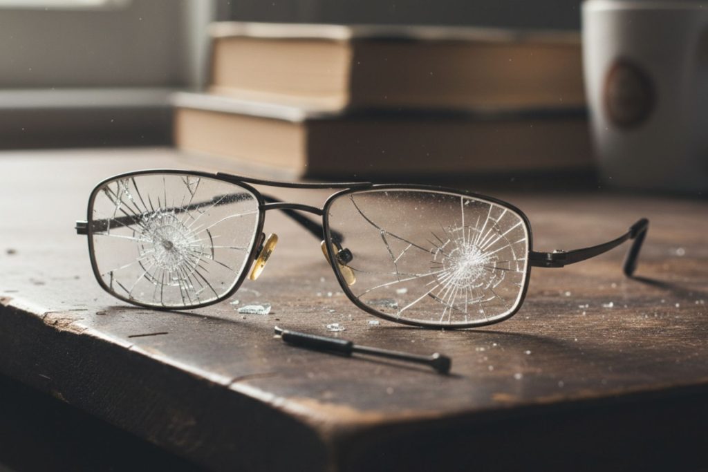 Broken glasses on table