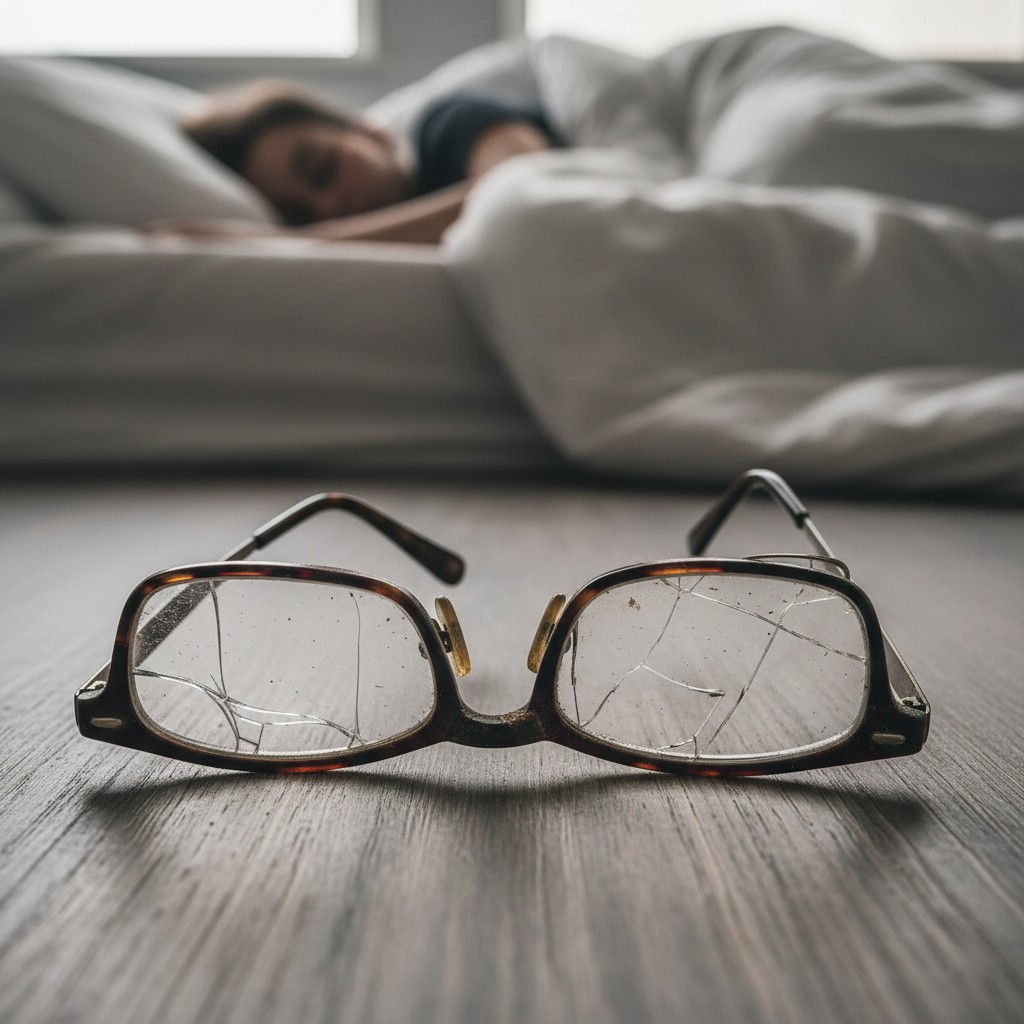Broken Glasses With a Sleeping Person in the Background Broken glasses with a sleeping person in the background