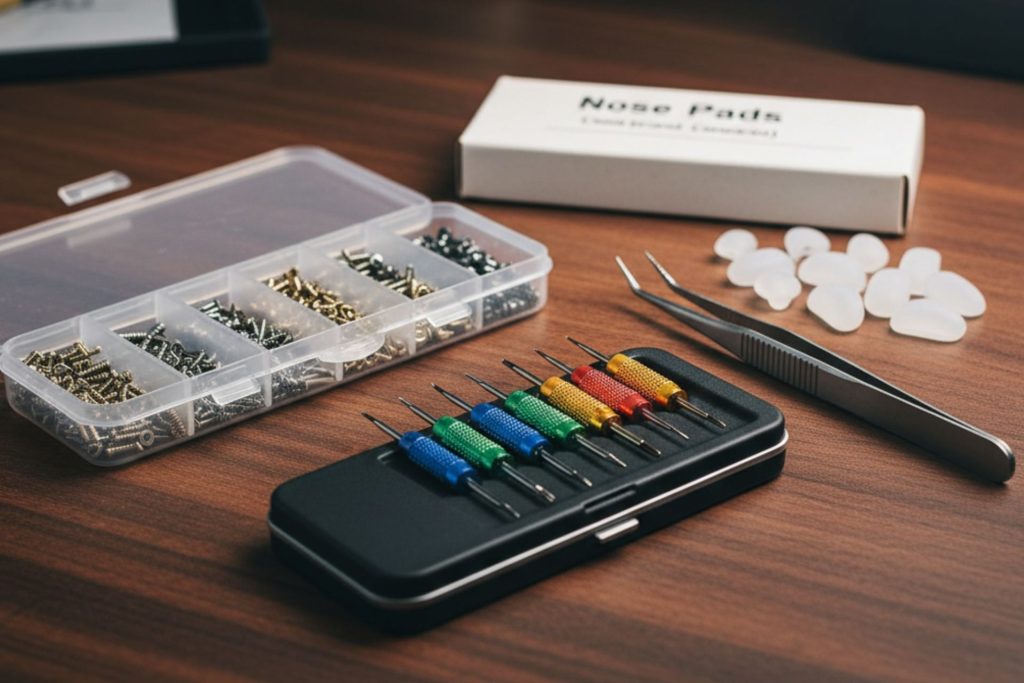 Precision screwdrivers, screws, nose pads, and tweezers