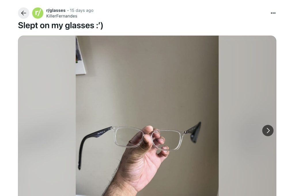 Reddit screenshot showing broken glasses