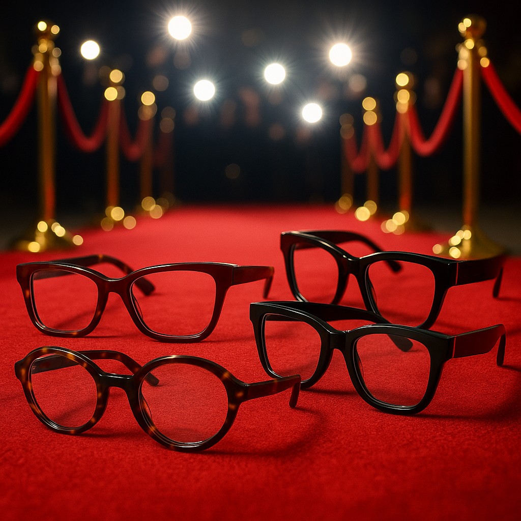 Women's eyeglasses on red carpet
