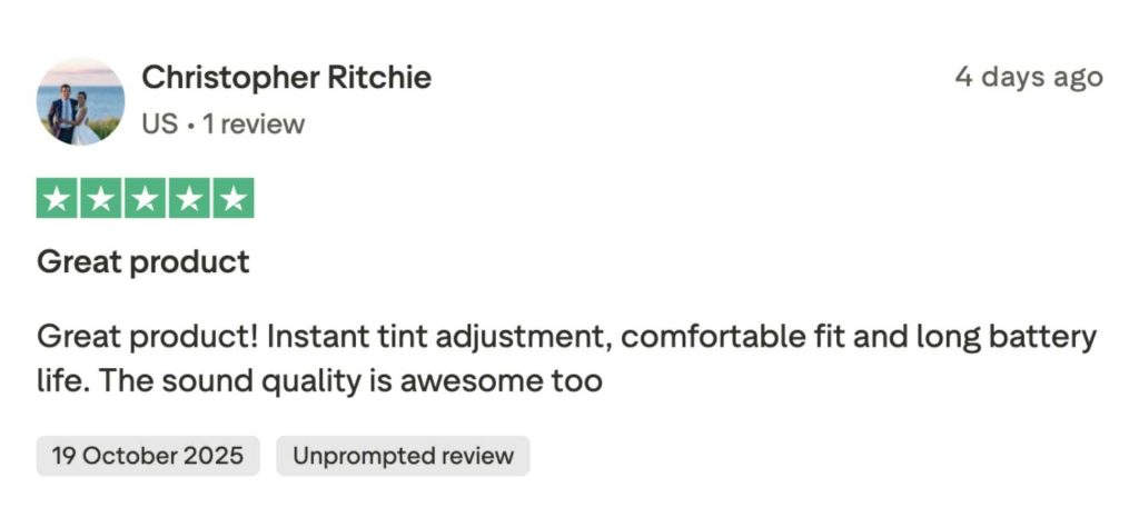 TrustPilot review for Chamelo Eyewear
