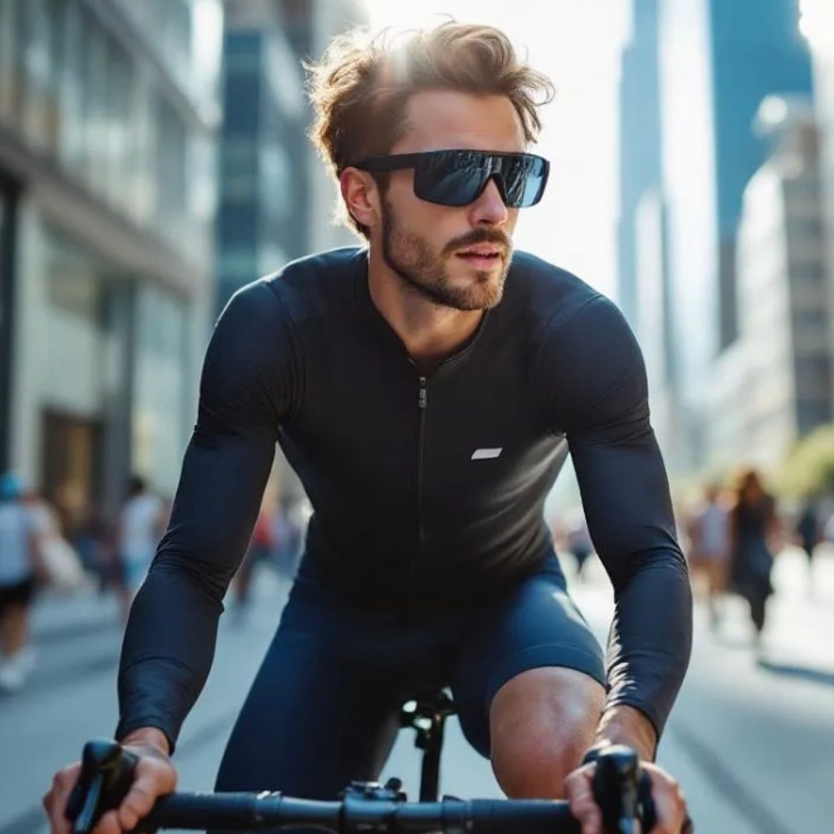 Biker riding through city streets, wearing wrap-around sunglasses