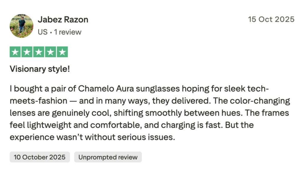 TrustPilot review for Chamelo Eyewear