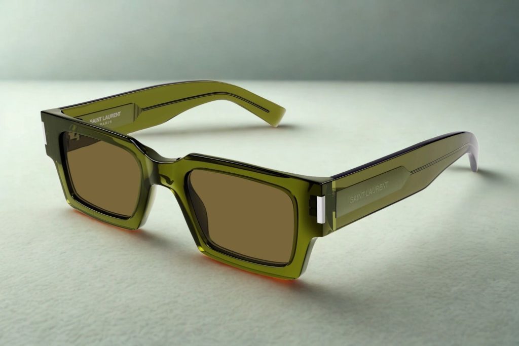 Saint Laurent SL 572 sunglasses with green frames and brown lenses