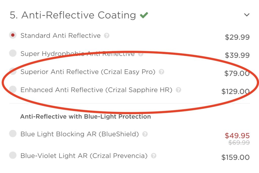 Anti-reflective coating options at EZContacts