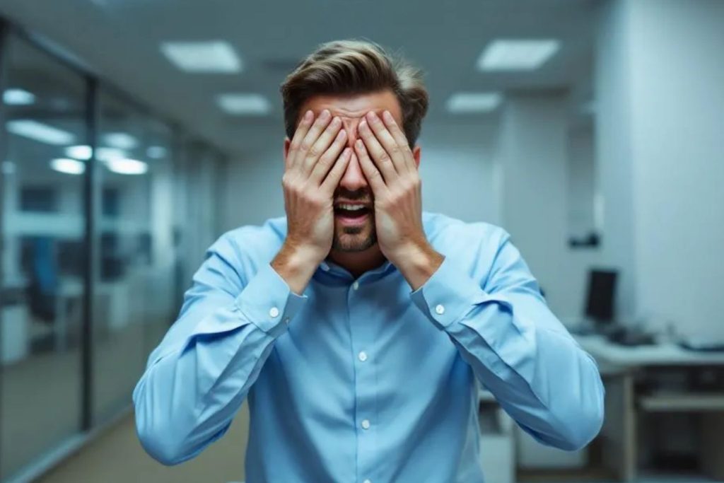 Man in an office with fluorescent light covers his eyes