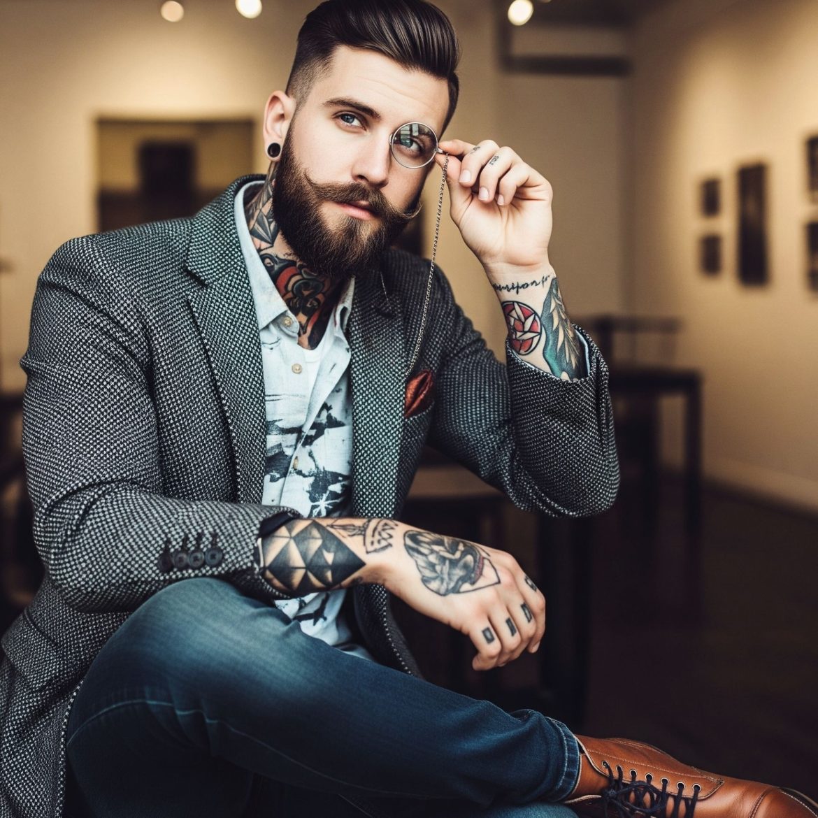 Tattooed man wearing jeans, suit jacket, shirt, and monocle