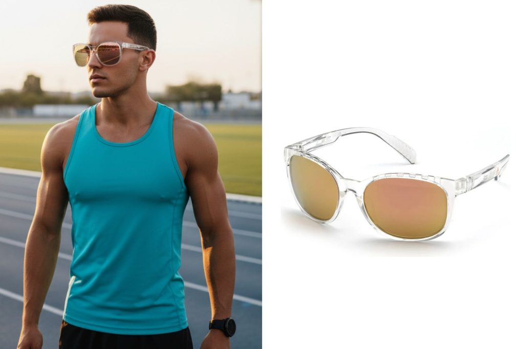 Left: man in tank tops and shorts, wearing oversized sunglasses; right: Adidas Sport SP0011 42575