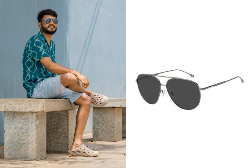 Left: Man in green printed shirt and light blue shorts wearing oversized aviators; right: Hugo Boss Boss 1296/F/S