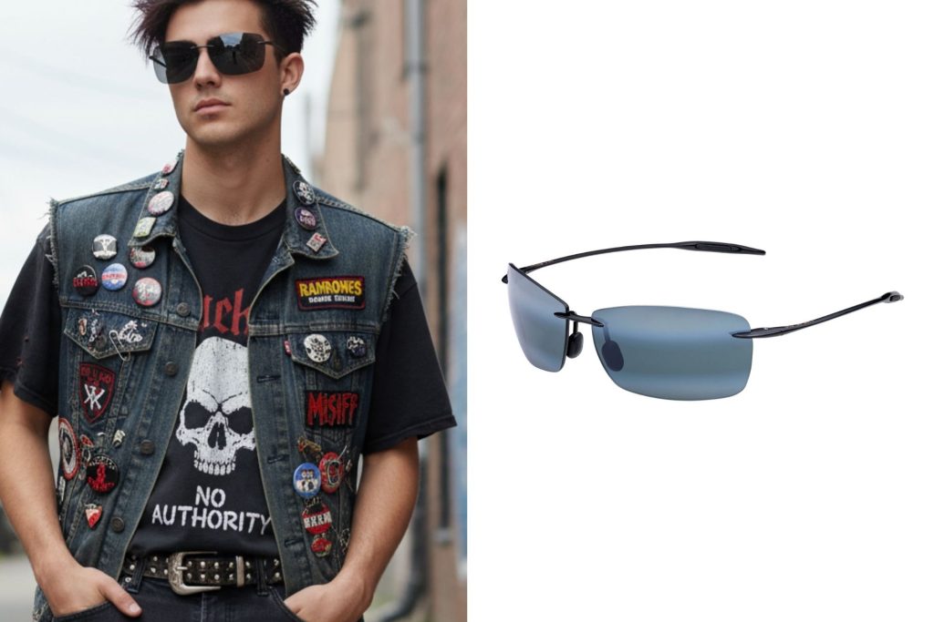 Left: man in punk rock outfit, wearing oversized sunglasses; right Maui Jim Lighthouse