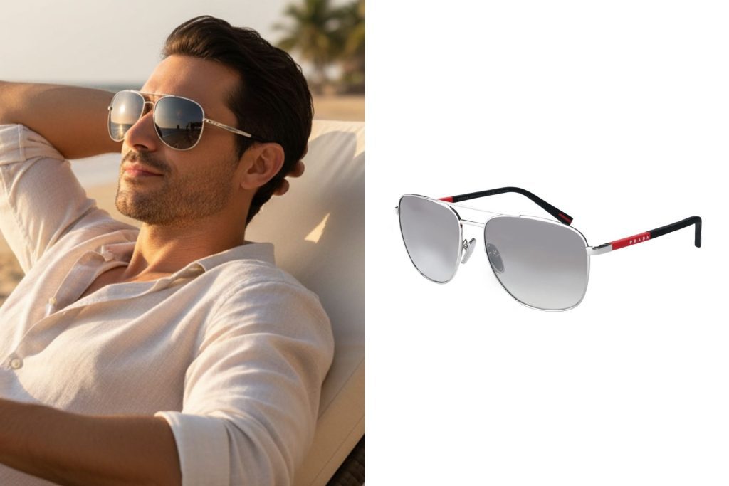 Left: man lounging on a beach, wearing oversized sunglasses; right: Prada Linea Rossa PS 54ZS