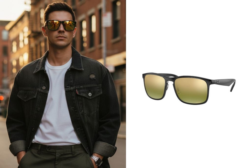 Left: man in casual outfit wearing oversized Ray-Bans; right: Ray-Ban RB4264