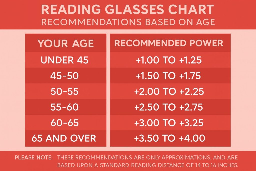 Reading glasses chart based on age