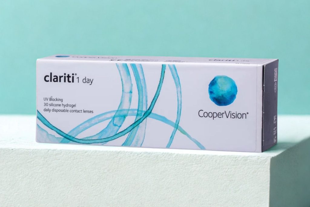 A box of Clariti 1 Day contact lenses