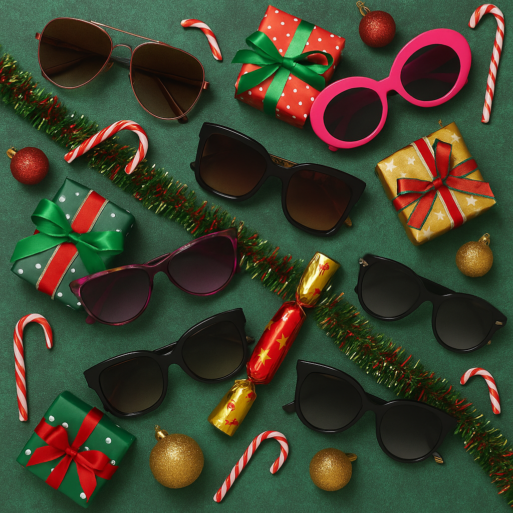 Womens sunglasses surrounded by candy canes, presents and Christmas crackers