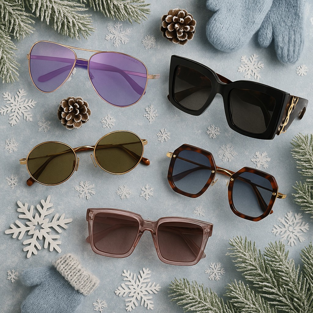Women's sunglasses against a snowy background with pinecones and pine needles