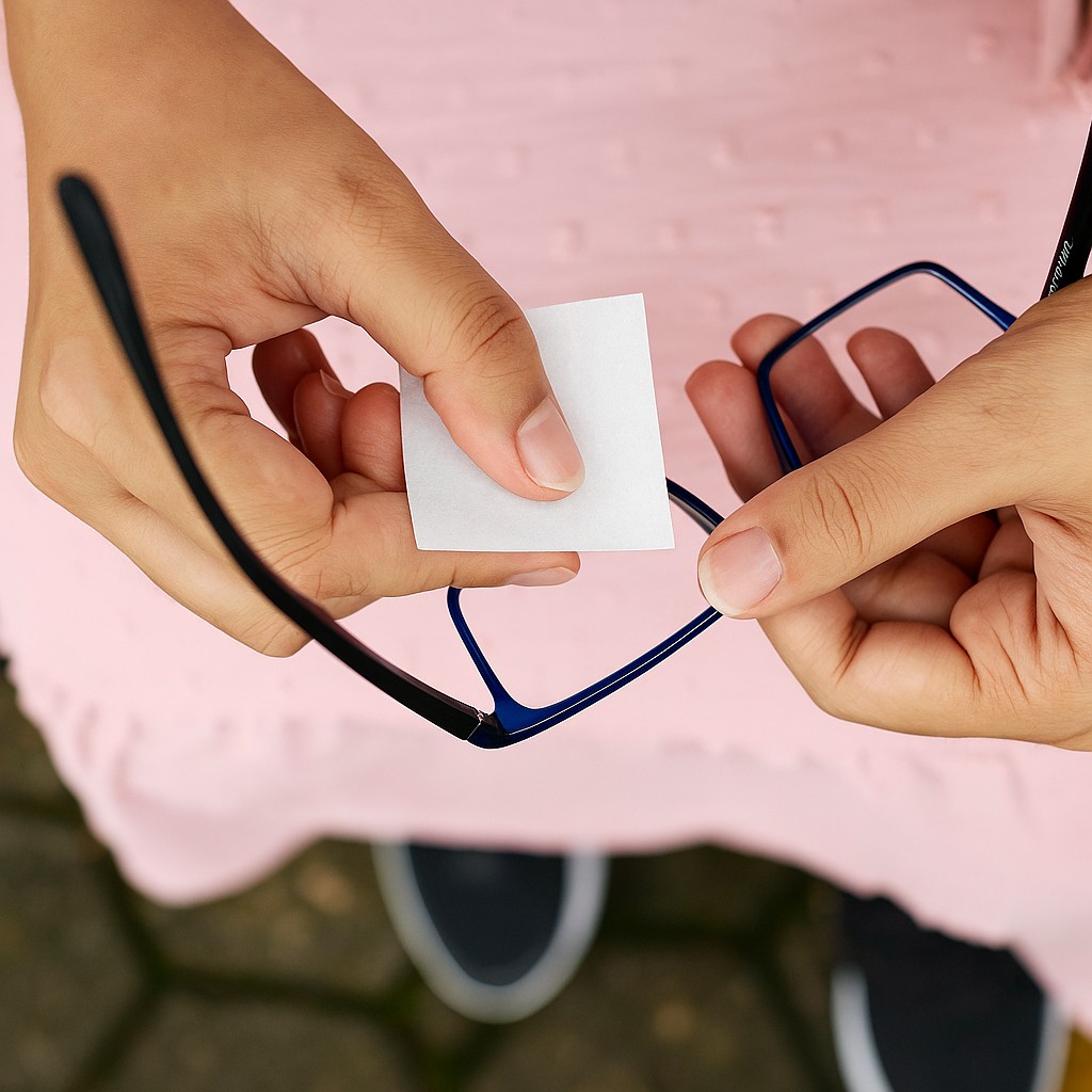 Person wiping eyeglasses with wipes