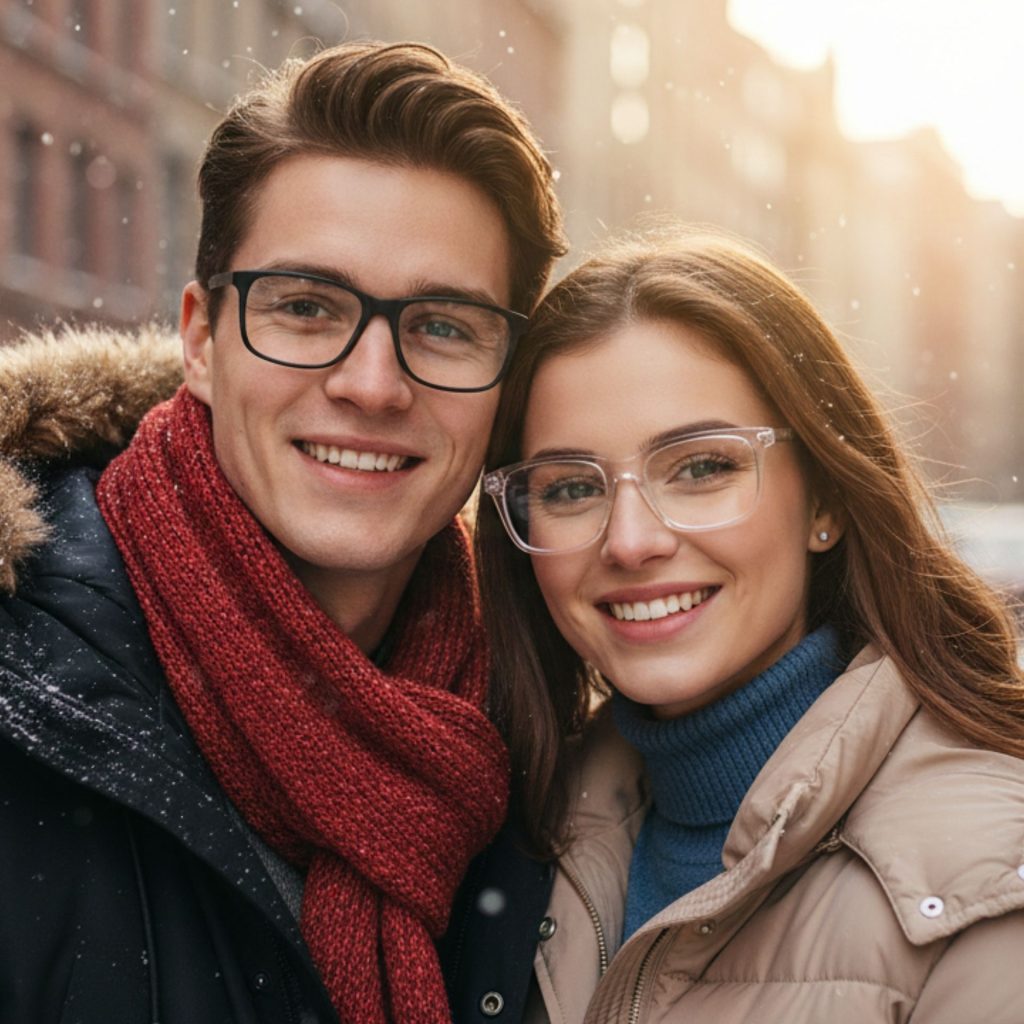 Woman and man wearing acetate glasses