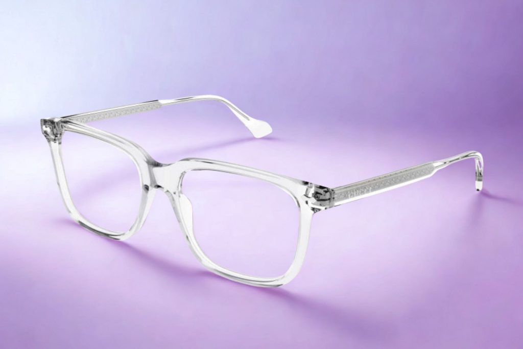 Transparent crystal frames with subtle metallic stylings along the temple arms