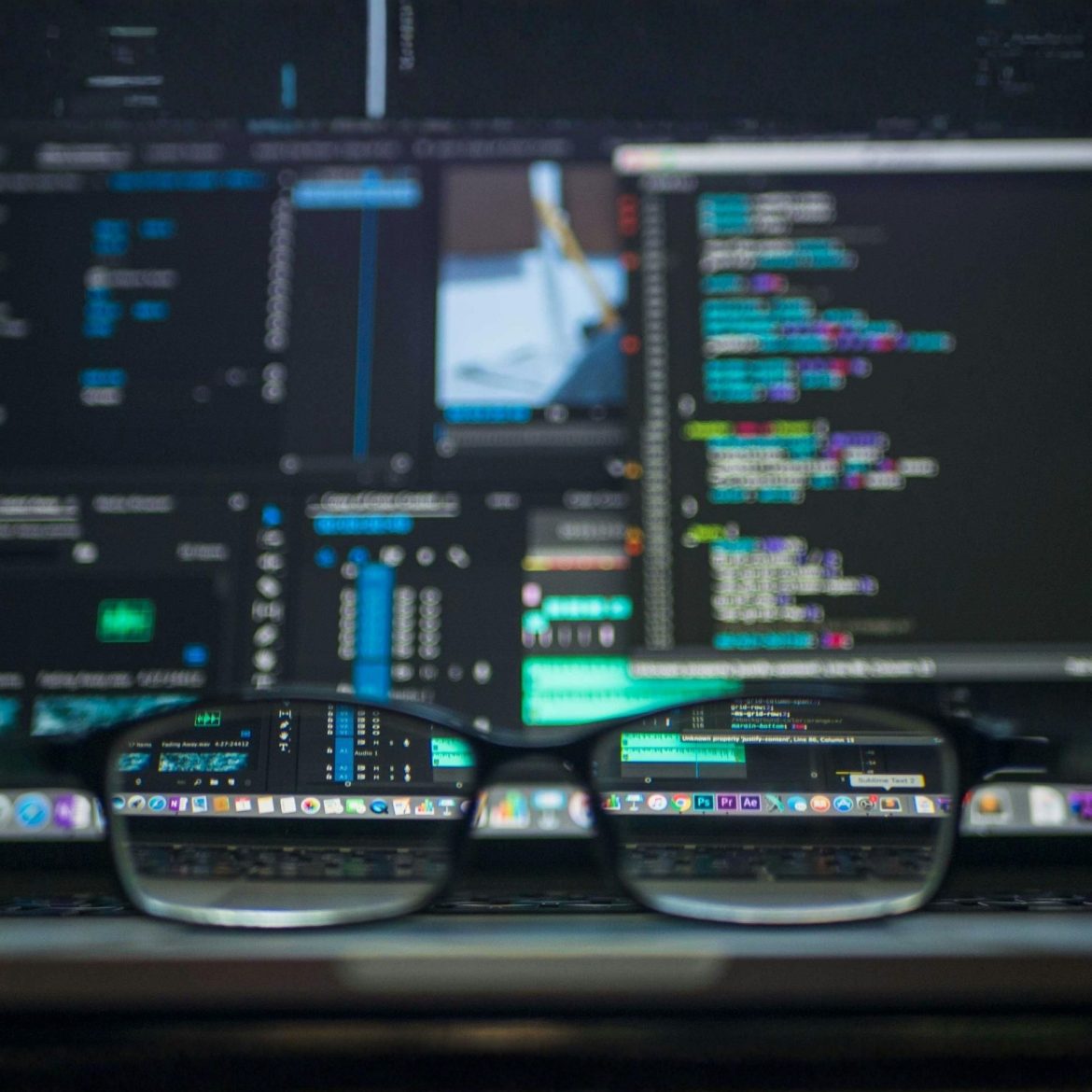 A computer screen seen through eyeglasses