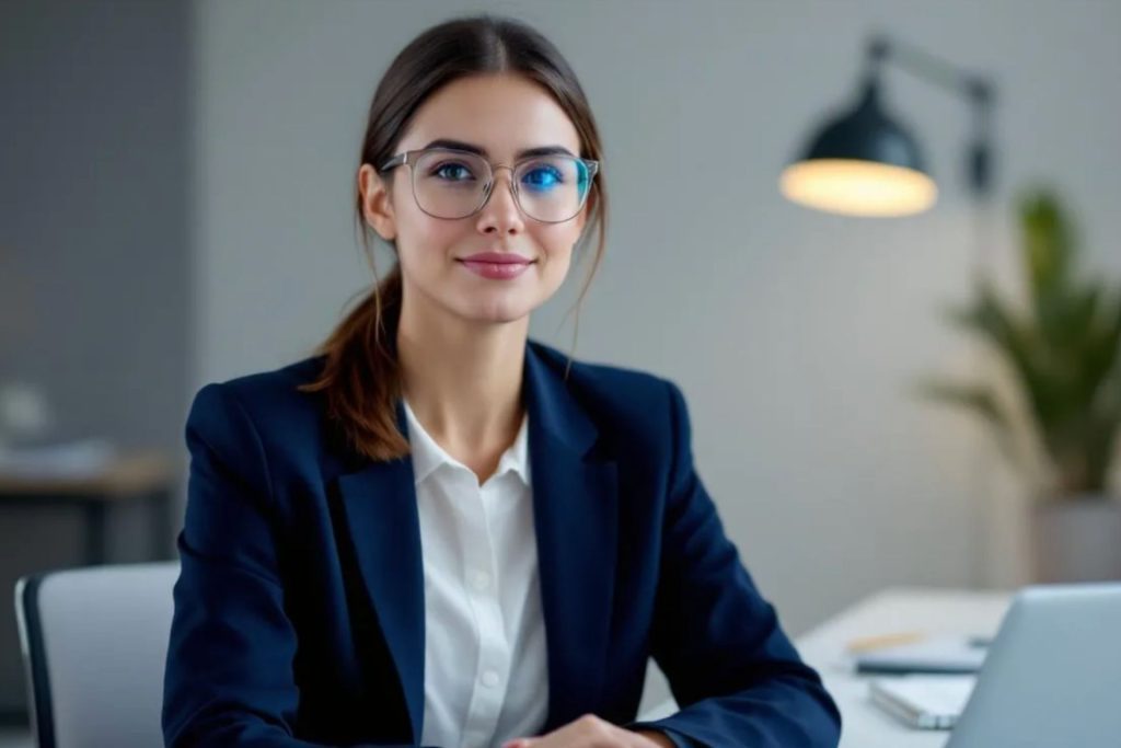 Woman wearing eyeglasses while working on her desk