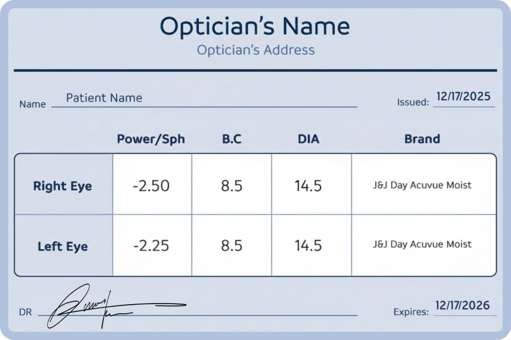 Contact lens prescription example